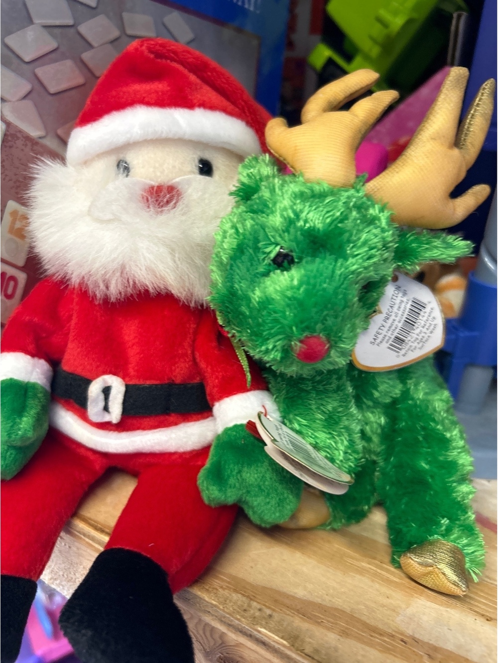 Ty  Plush Santa Claus and Green Reindeer Christmas Decorations